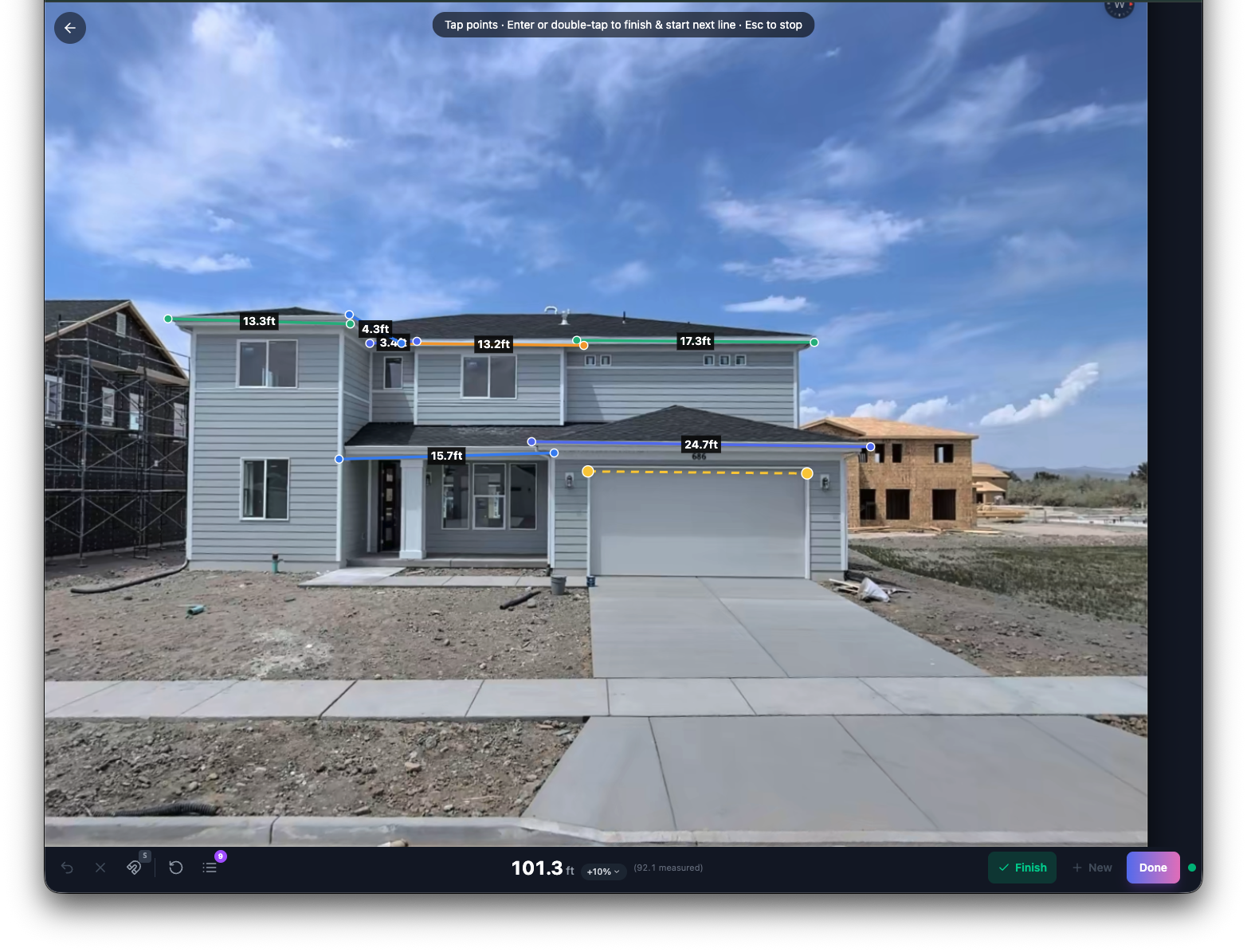 Brightly Measure — measurement canvas showing roofline measurement with footage labels on a real house photo